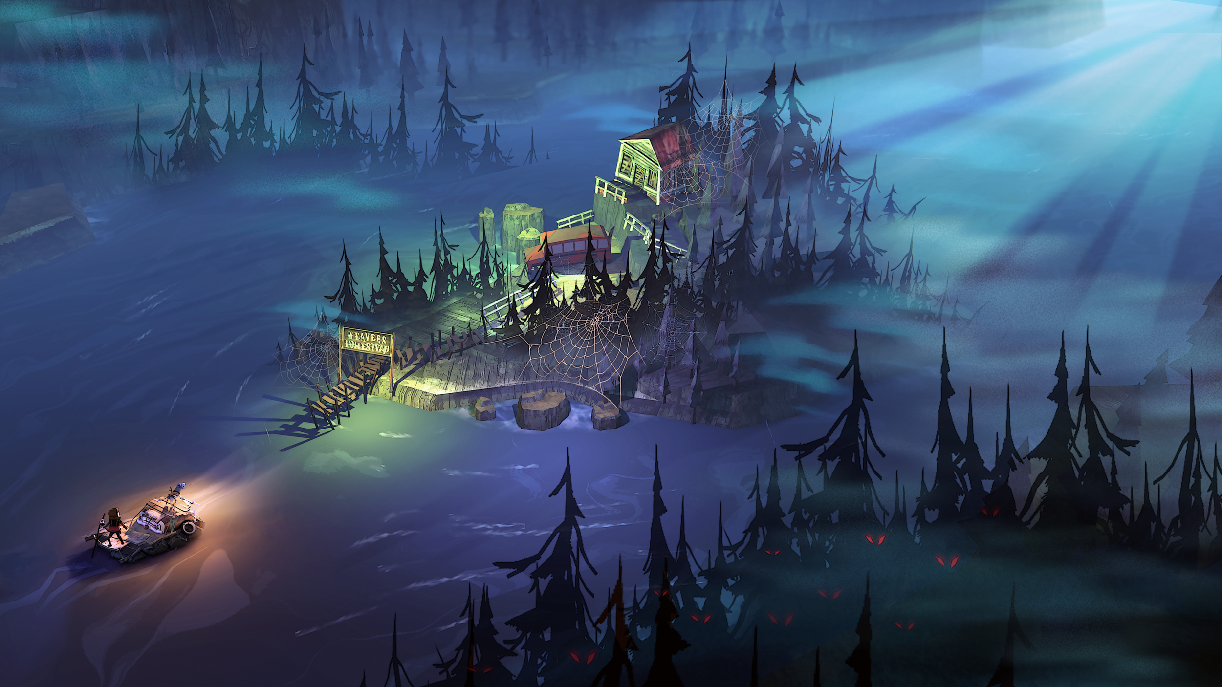 The Flame in the Flood — the player's raft moored at a weathered river dock.